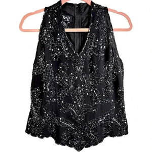 JMD New York Sequinned Sleeveless Blouse, Medium, Vneck, Black, Party Event Chic